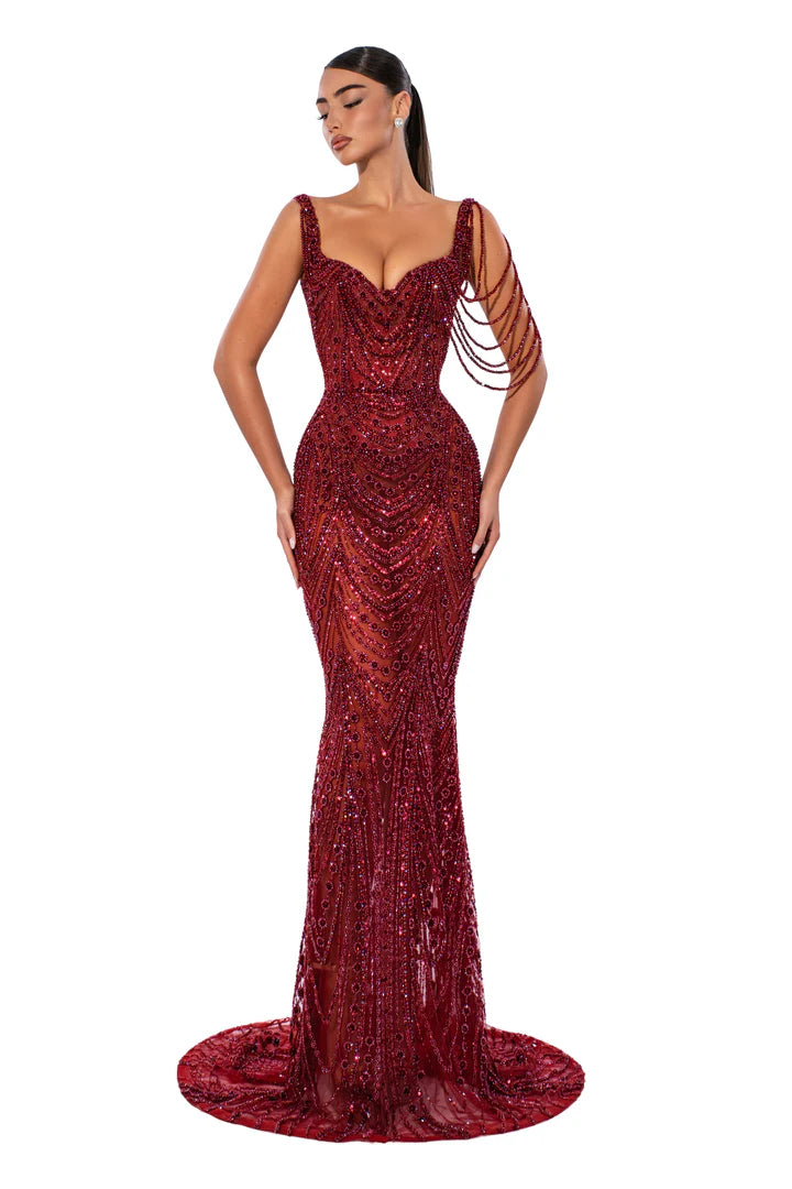 Crimson Allure Gown - full length front view with beaded shoulder strands