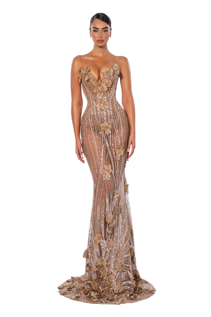 Gilded Blossom Gown - front view with 3D floral bust and sequin skirt