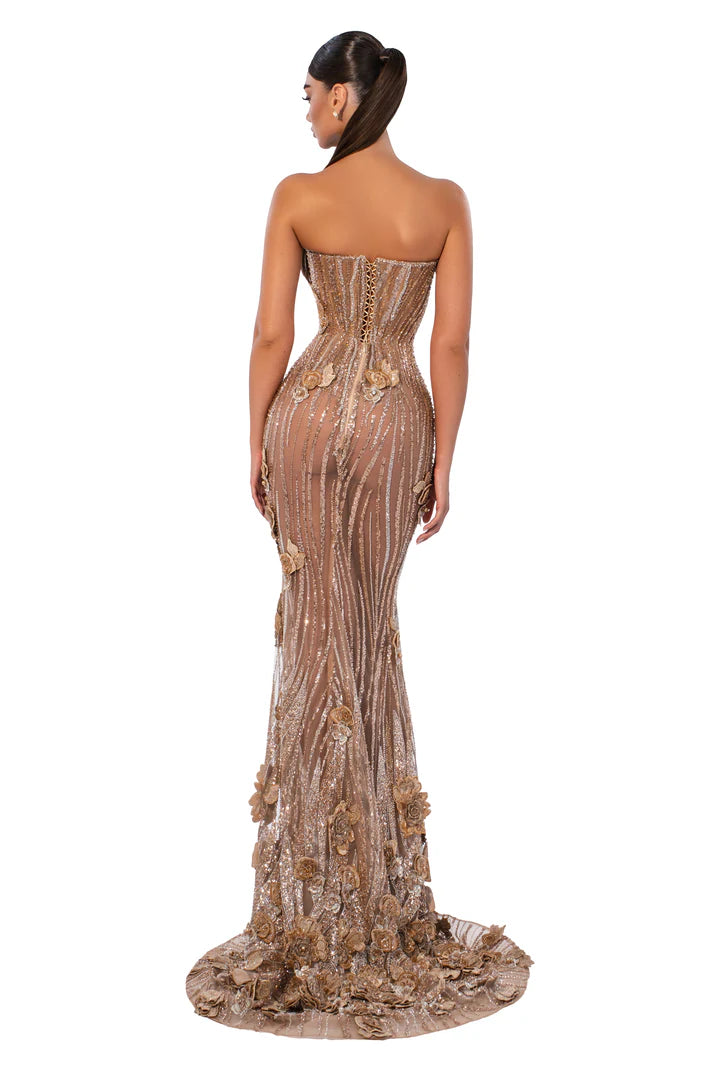 Gilded Blossom Gown - back view showing corset and floral train