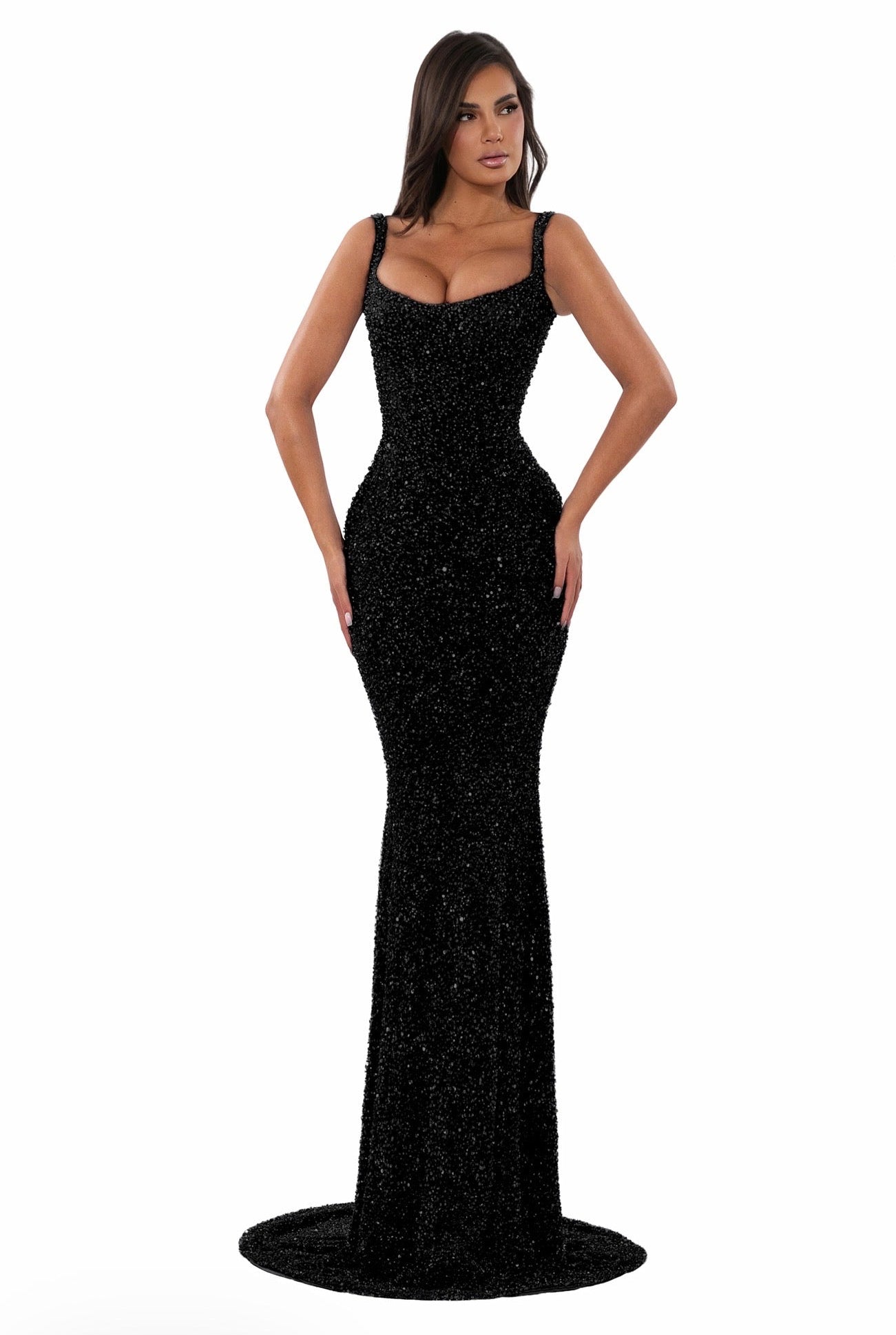 Crystal Strap Gown Black (HIRE)