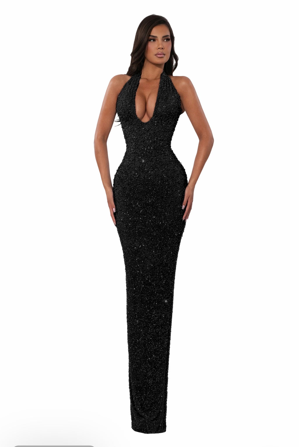 Halter Crystal Gown Black (HIRE)